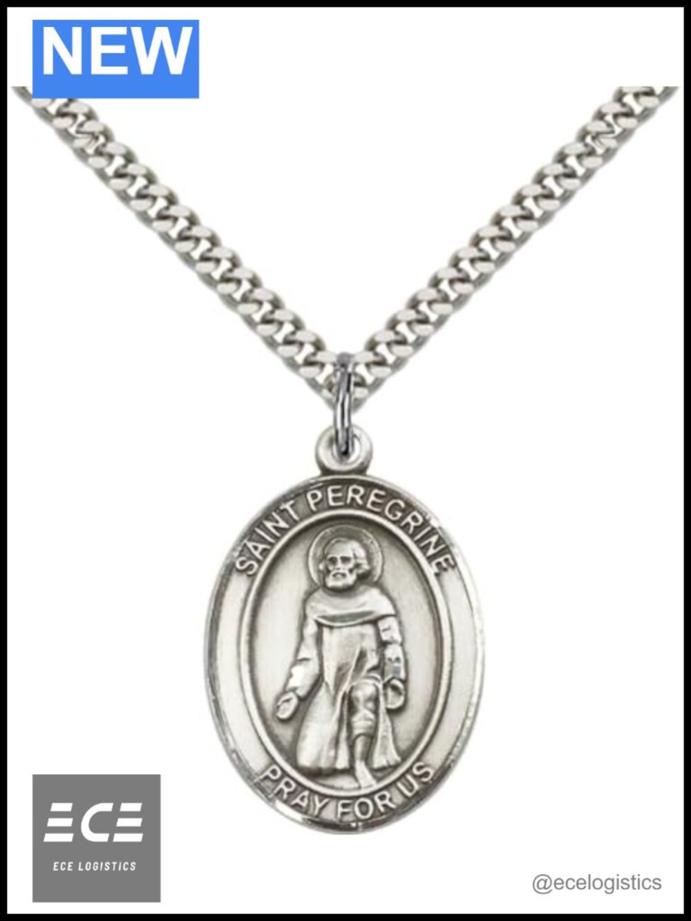 Sterling Silver Oval Patron Saint Pendant Necklace 18" Curb Chain